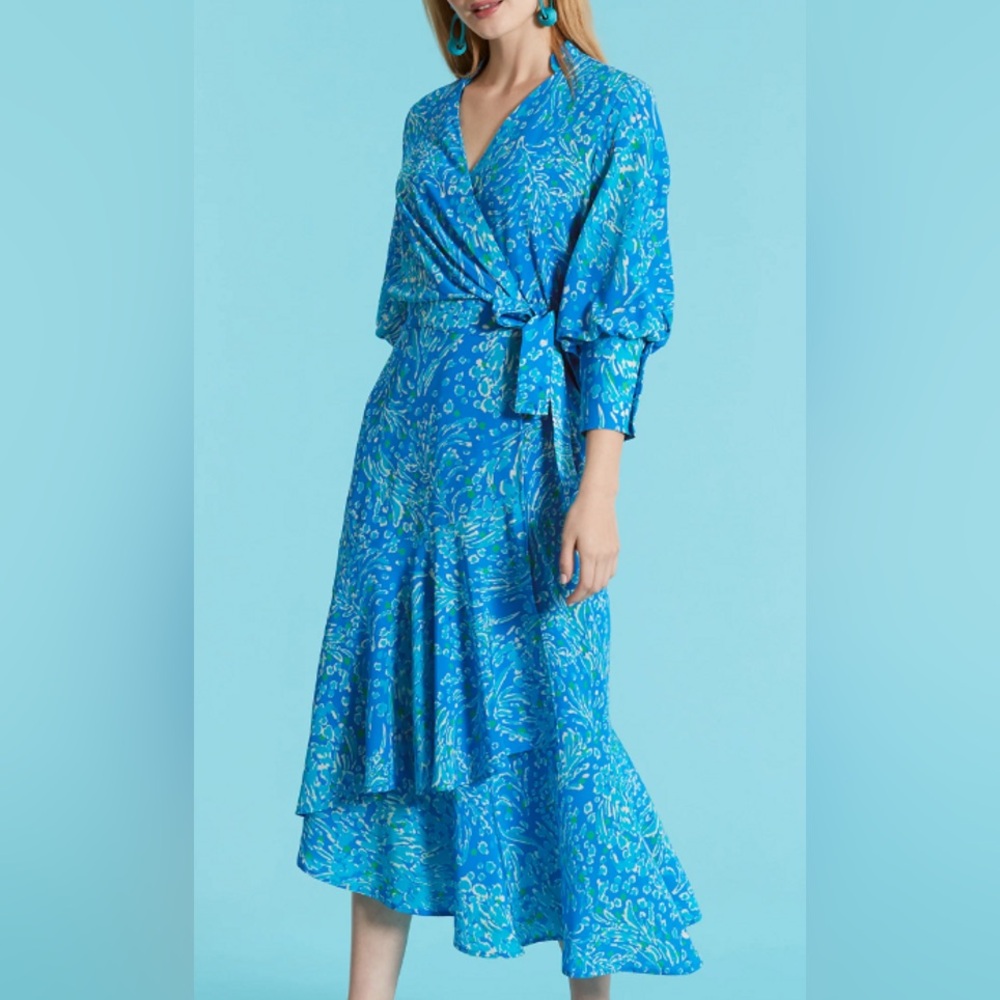Tyler Boe Blue Jules Silk Wrap Sundress with Bishop Sleeves Capri Flora Print